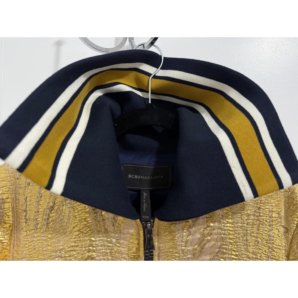 BCBGMAXAZRIA‎ Gold Metallic Bomber Jacket Varsity Striped Collar XXS NWT